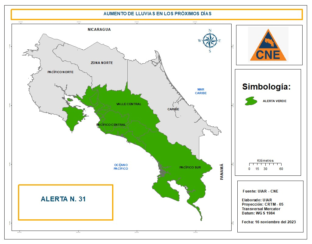 CNE declara alerta verde en Valle Central, Pacífico Norte y Central por aguaceros provocados por sistema de baja presión