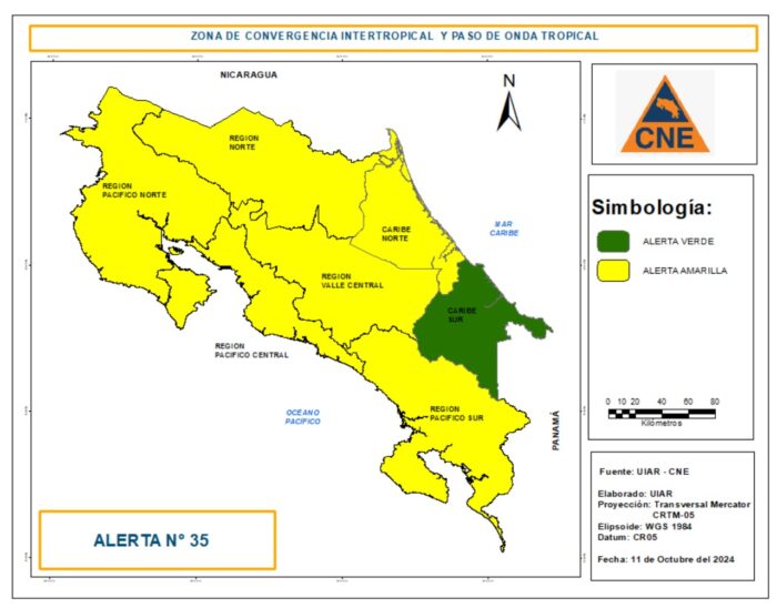 Declaran alerta amarilla para casi todo el país por las fuertes lluvias: Caribe Sur se mantiene con alerta verde