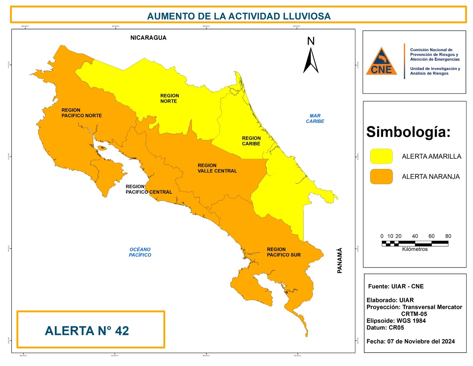 CNE emite alerta naranja para el Pacífico y Valle Central ante pronóstico de lluvias para los próximos días