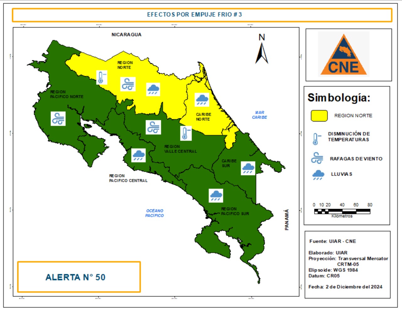 CNE eleva a alerta amarilla la Zona Norte y Caribe Norte por influencia indirecta del Empuje Frío No. 3