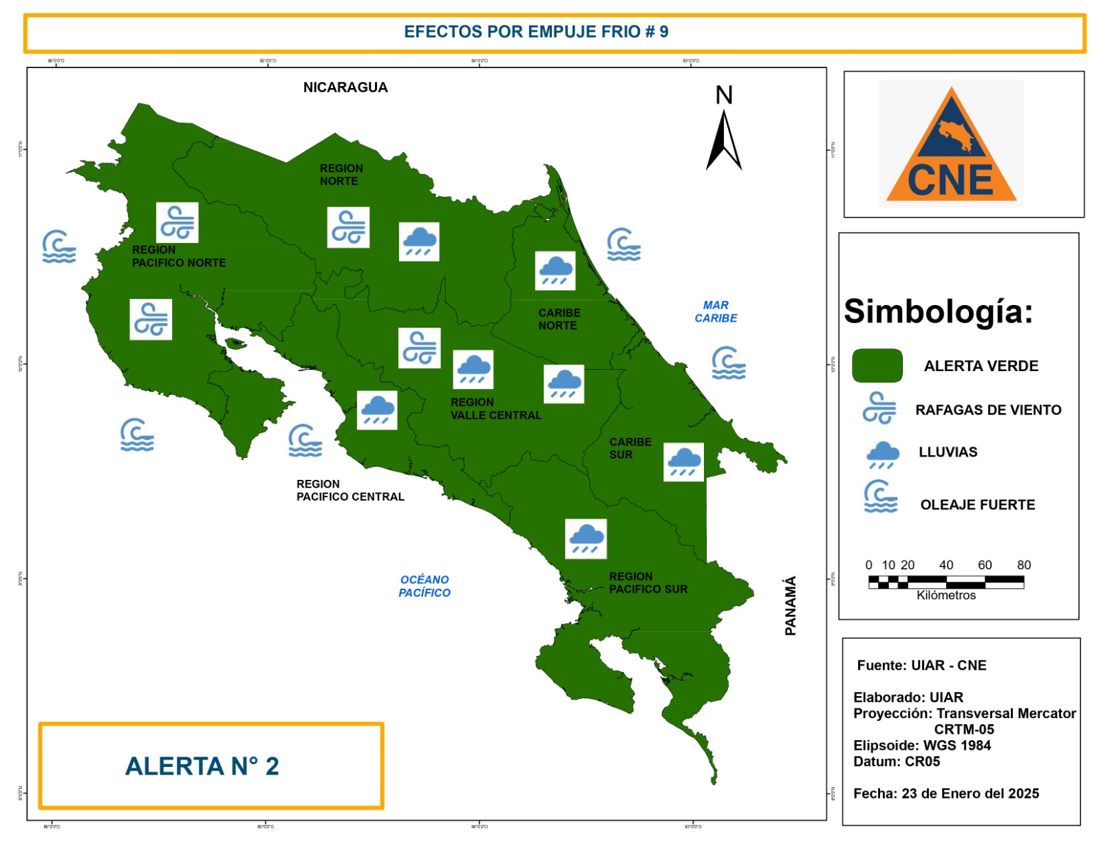 CNE declara alerta verde en todo el país por impacto del Empuje Frío No. 9