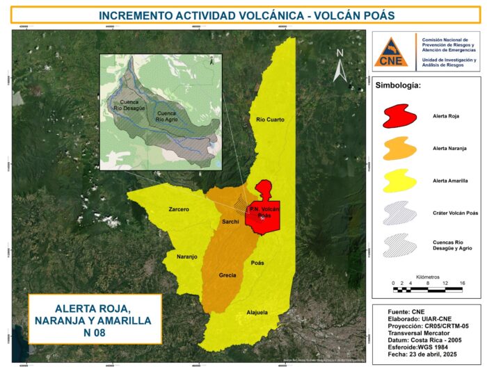 CNE declara alerta roja en el Volcán Poás y llama a tomar precaución en cantones cercanos