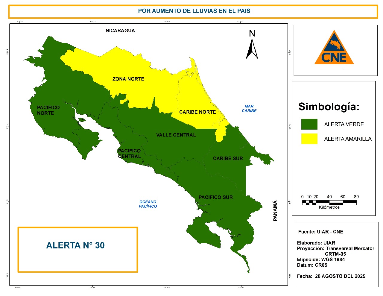CNE emite alerta amarilla para Zona Norte y Caribe Norte por lluvias: Resto del país se mantiene en alerta verde
