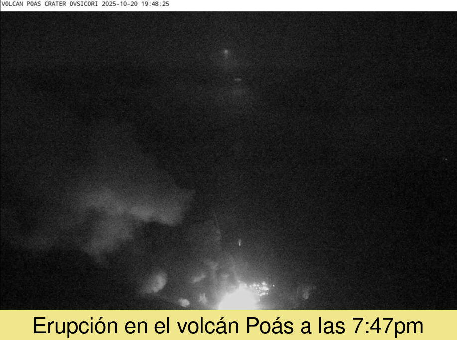 Poás registra nueva erupción con material incandescente y pluma de 500 metros
